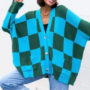Dressed in Lala - Blue and Green Oversized Checkered Cardigan